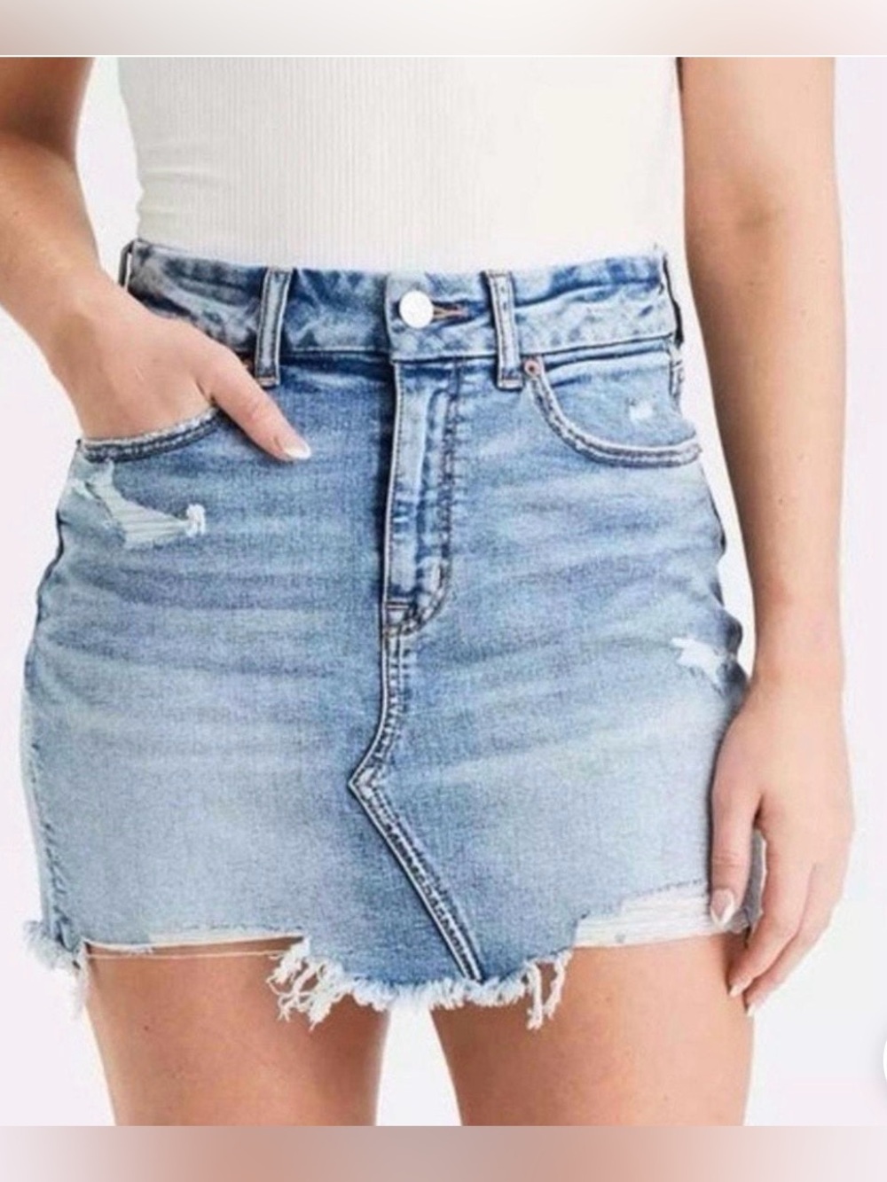 American Eagle Outfitters Light Blue Distressed Denim Mini Skirt